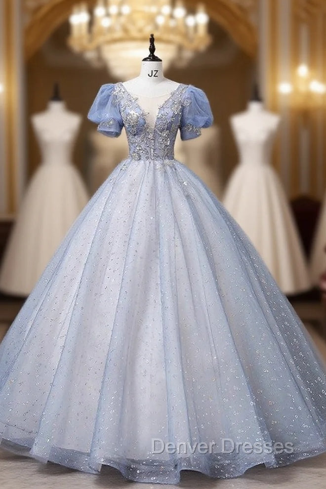Blue Tulle Sequins See Through V-neck Puff Sleeve Beading Quinceanera Dress Main image