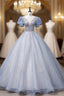 Blue Tulle Sequins See Through V-neck Puff Sleeve Beading Quinceanera Dress