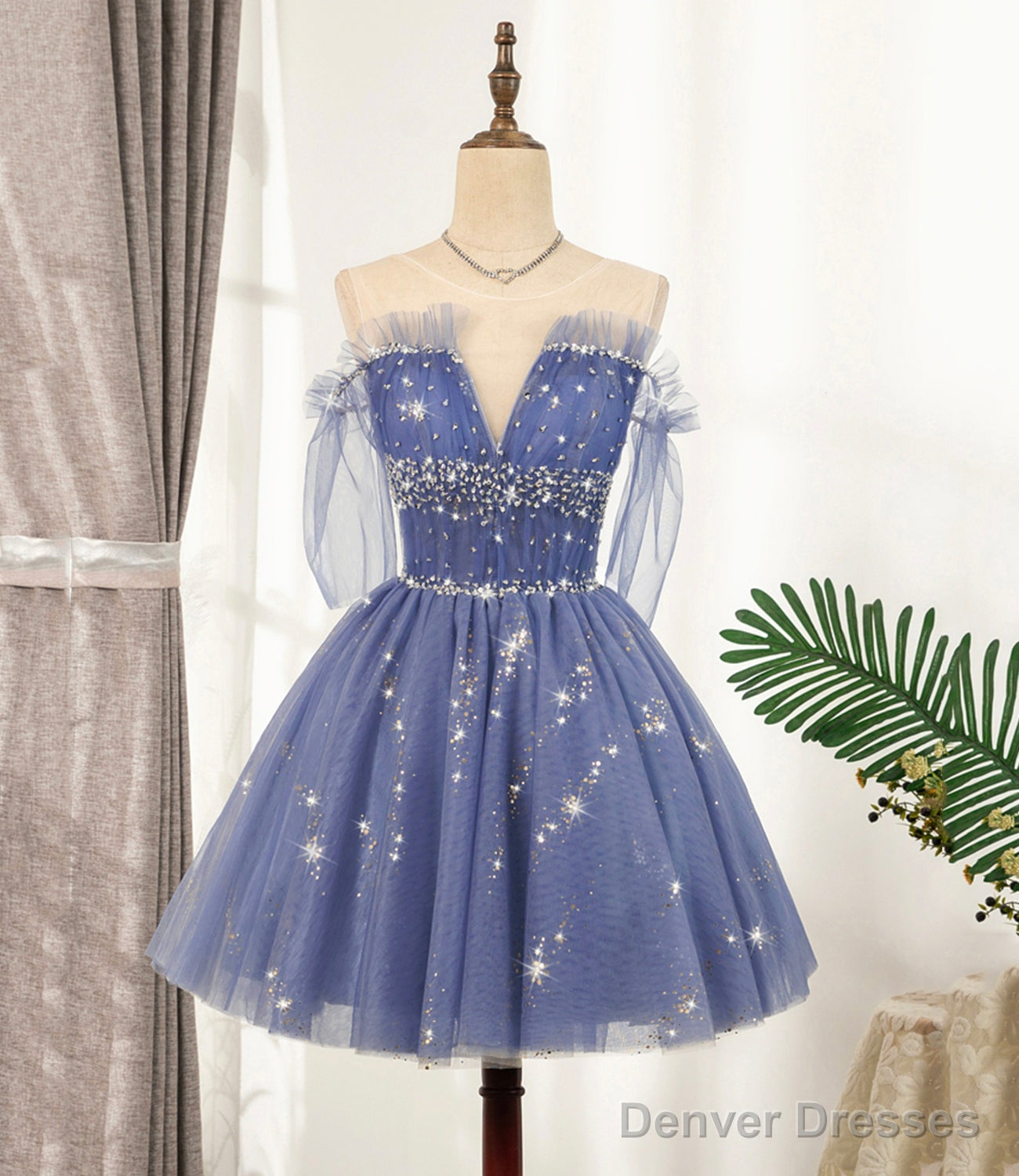 Blue Tulle Sequins Short A Line Homecoming Dress Party Dress Main image