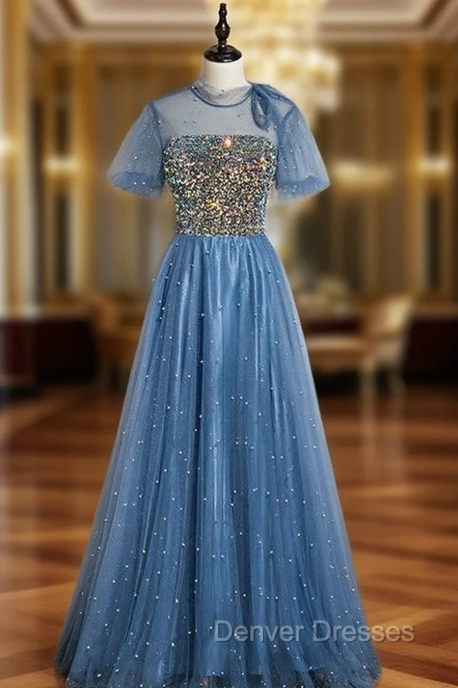 Blue Tulle Sequins Short Sleeve Open Back Prom Dress