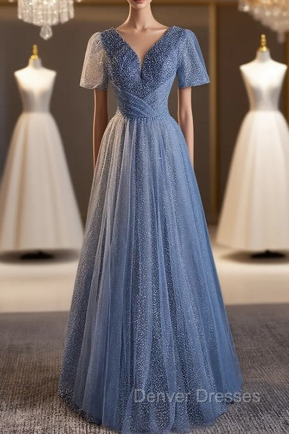 Blue Tulle Sequins Short Sleeve Prom Dress
