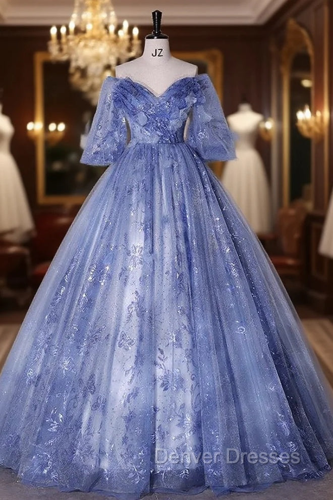 Blue Tulle Sequins Short Sleeve Quinceanera Dress Main image