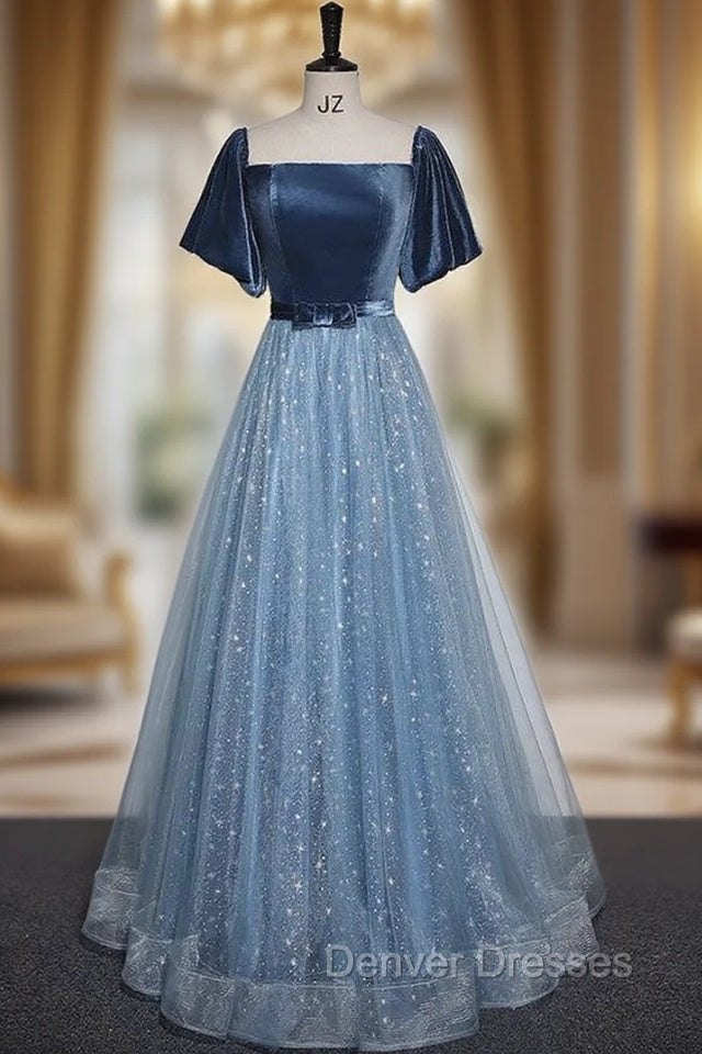 Blue Tulle Sequins Short Sleeve Velvet Prom Dress Main image