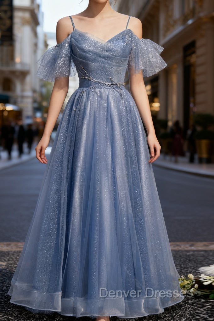 Blue Tulle Sequins Spagehtti Straps Beading Prom Dress