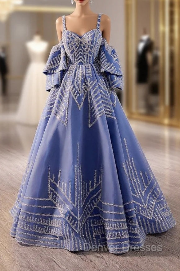 Blue Tulle Sequins Spagehtti Straps Prom Dress Main image