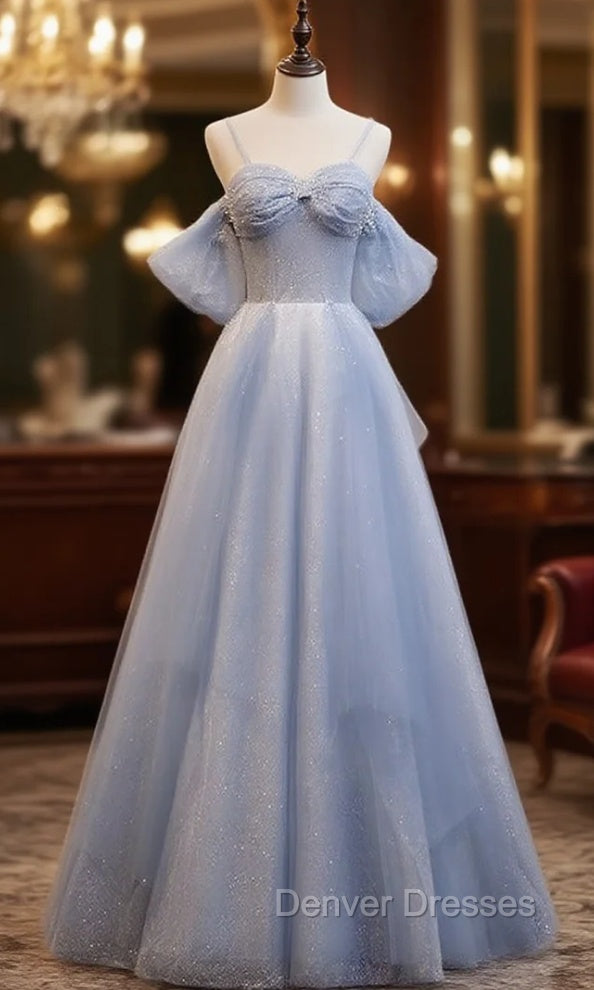 Blue Tulle Sequins Spaghetti Straps Beading Prom Dress