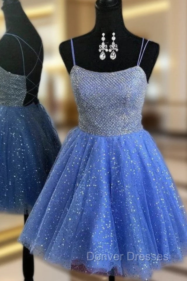 Blue Tulle Sequins Spaghetti Straps Homecoming Dress