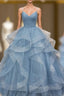 Blue Tulle Sequins Spaghetti Straps Pleats Prom Dress