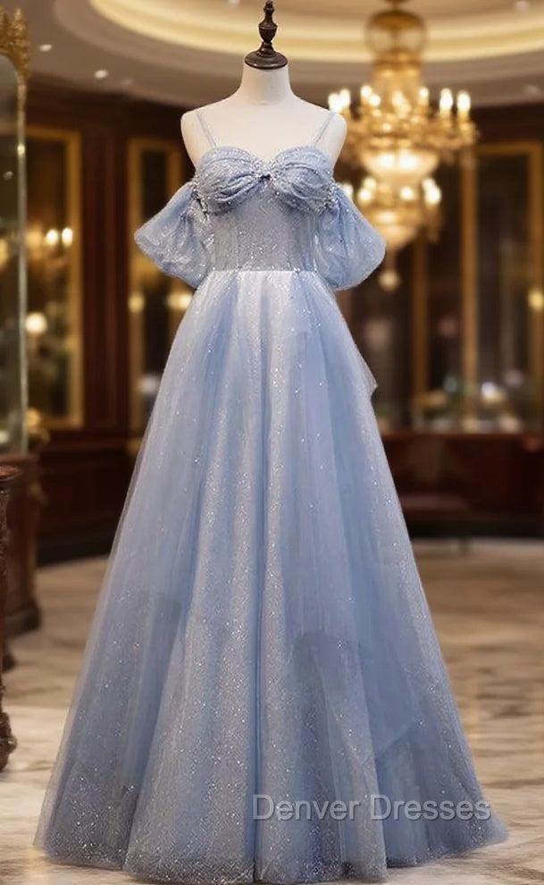 Blue Tulle Sequins Spaghetti Straps Prom Dress Main image