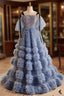 Blue Tulle Sequins Spaghetti Straps Tiers Prom Dress
