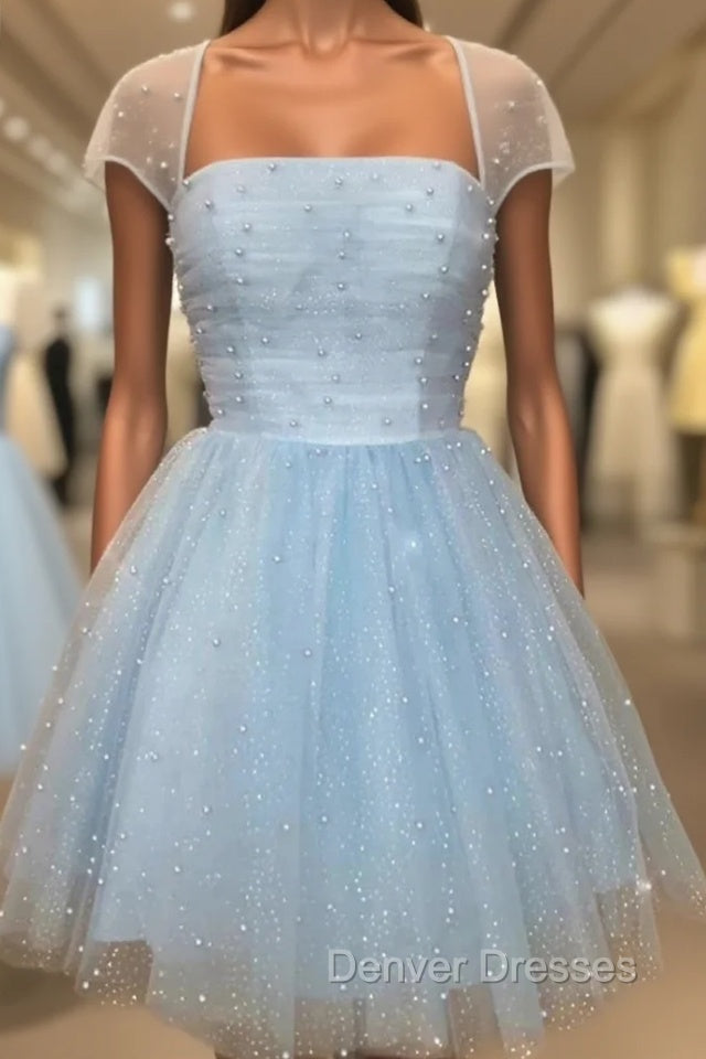 Blue Tulle Sequins Square Pearls Homecoming Dress Main image