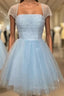 Blue Tulle Sequins Square Pearls Homecoming Dress