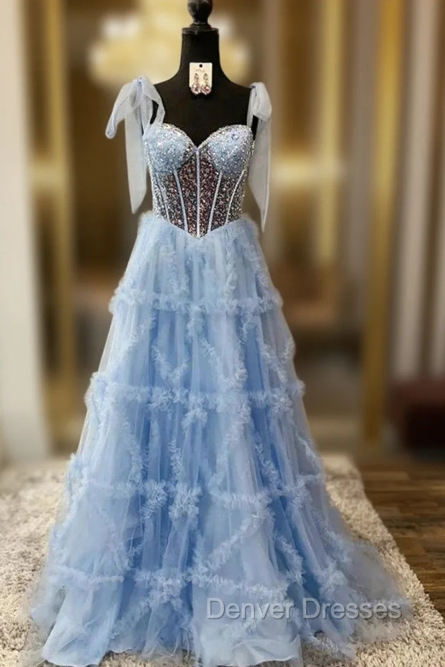 Blue Tulle Sequins Straples Prom Dress