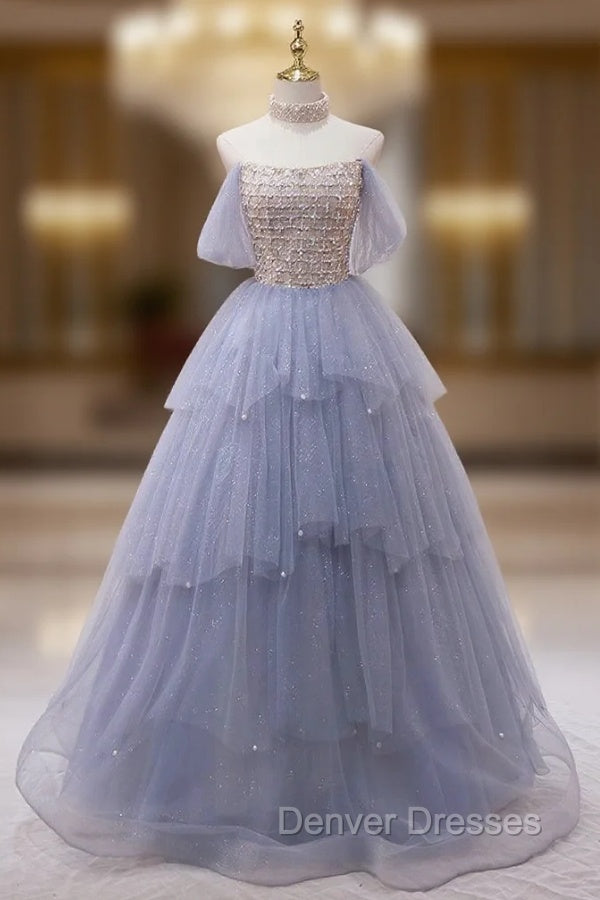 Blue Tulle Sequins Strapless Beading Prom Dress Main image