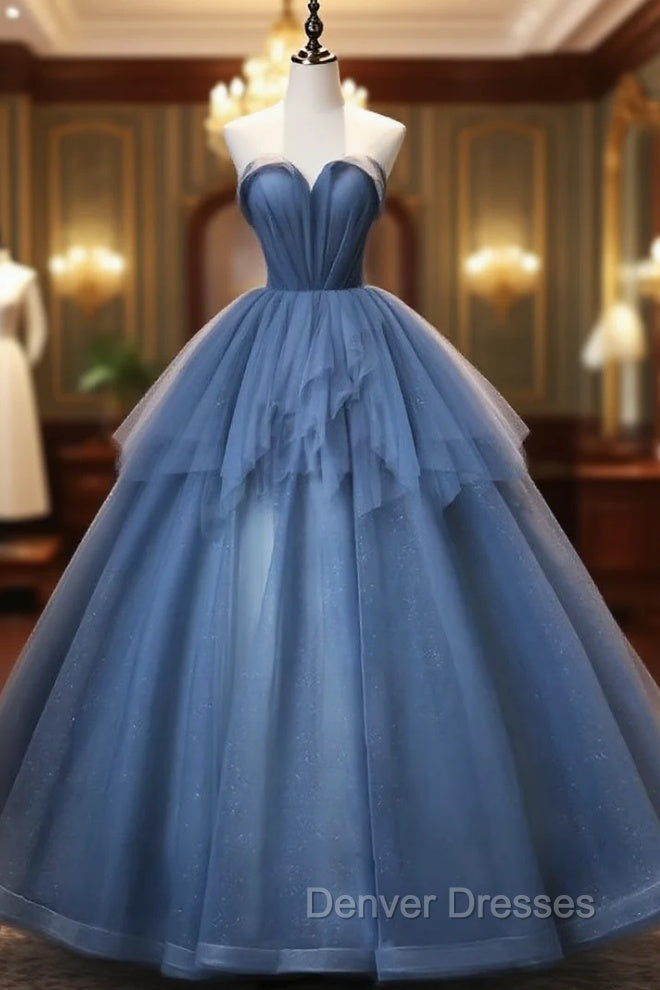 Blue Tulle Sequins Strapless Beading Quinceanera Dress Main image