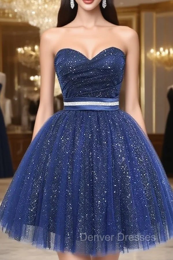 Blue Tulle Sequins Strapless Homecoming Dress Main image