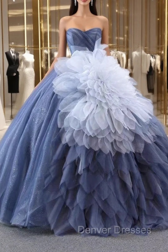 Blue Tulle Sequins Strapless Prom Dress With Detachable Puff Tulle Main image