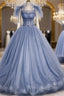 Blue Tulle Sequins Straps Pleats Prom Dress