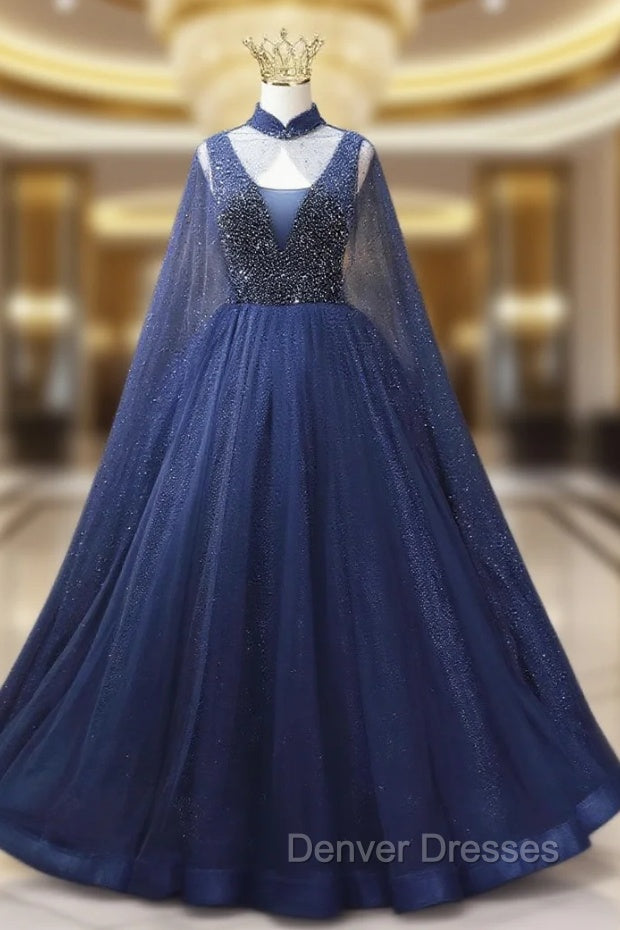 Blue Tulle Sequins V-neck Beading Prom Dress Main image