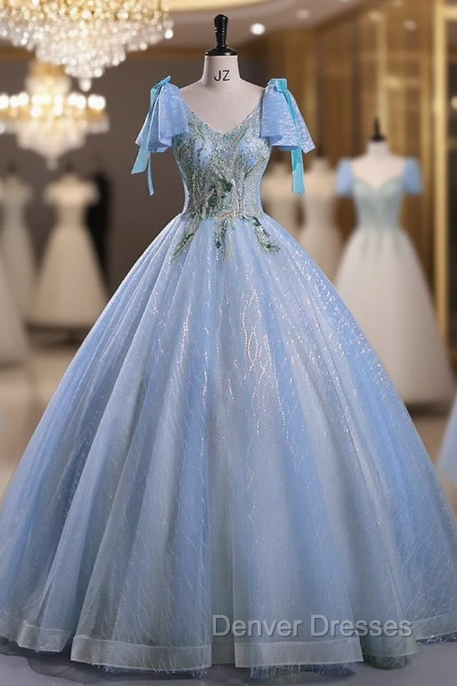 Blue Tulle Sequins V-neck Beading Quinceanera Dress Main image