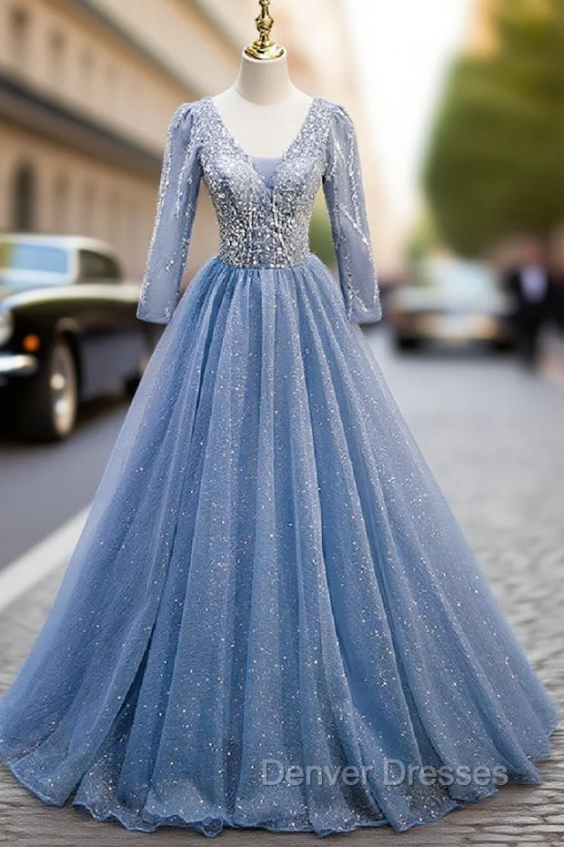 Blue Tulle Sequins V-neck Long Sleeve Beading Prom Dress Main image