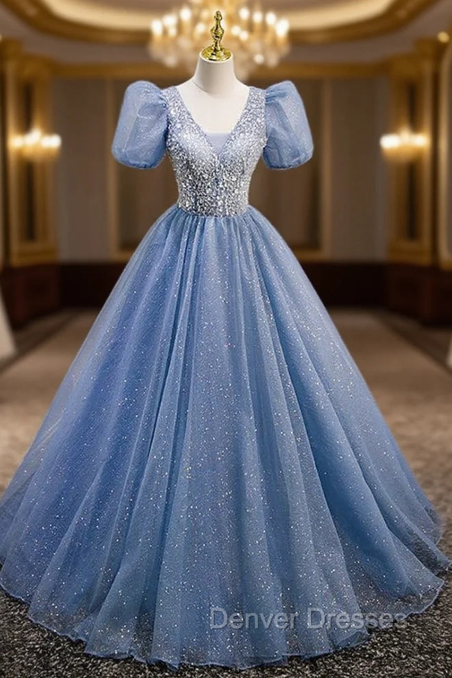 Blue Tulle Sequins V-neck Puff Sleeve Beading Sequins Prom Dress