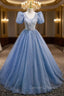 Blue Tulle Sequins V-neck Puff Sleeve Beading Sequins Prom Dress