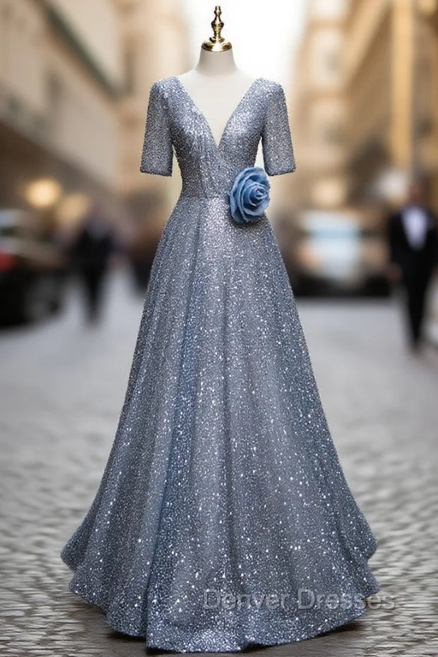 Blue Tulle Sequins V-neck Short Sleeve Beading Prom Dress Main image