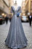 Blue Tulle Sequins V-neck Short Sleeve Beading Prom Dress