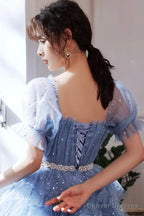 Blue Tulle Short A-Line Prom Dresses, Blue Mini Party Dresses