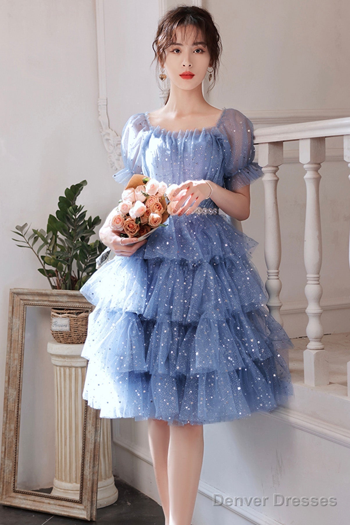 Blue Tulle Short A-Line Prom Dresses, Blue Mini Party Dresses Main image