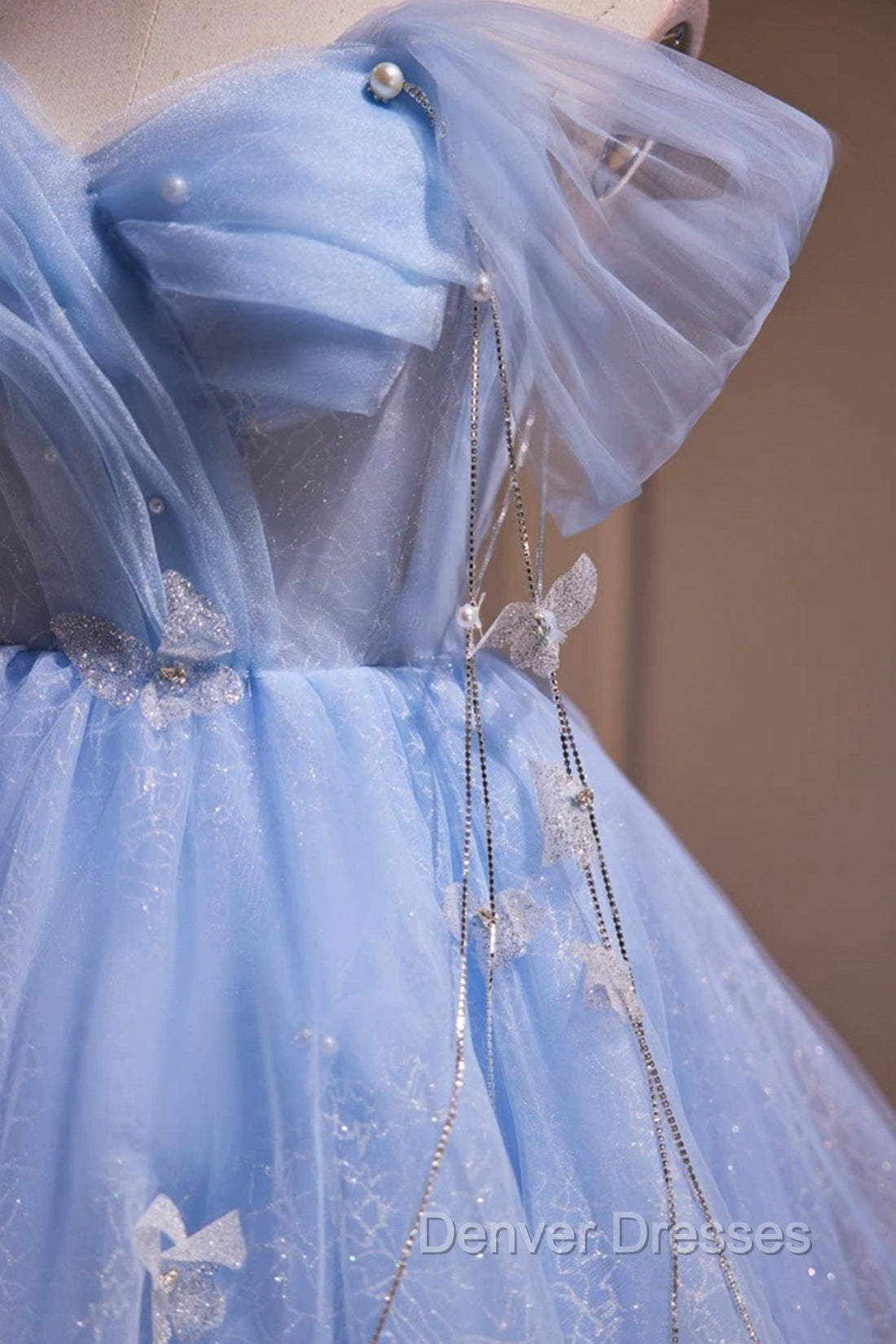 Blue Tulle Short Party Dress, Lovely A-Line Off Shoulder Prom Dress Secondary image