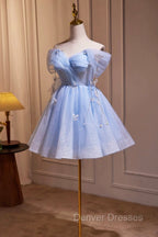 Blue Tulle Short Party Dress, Lovely A-Line Off Shoulder Prom Dress