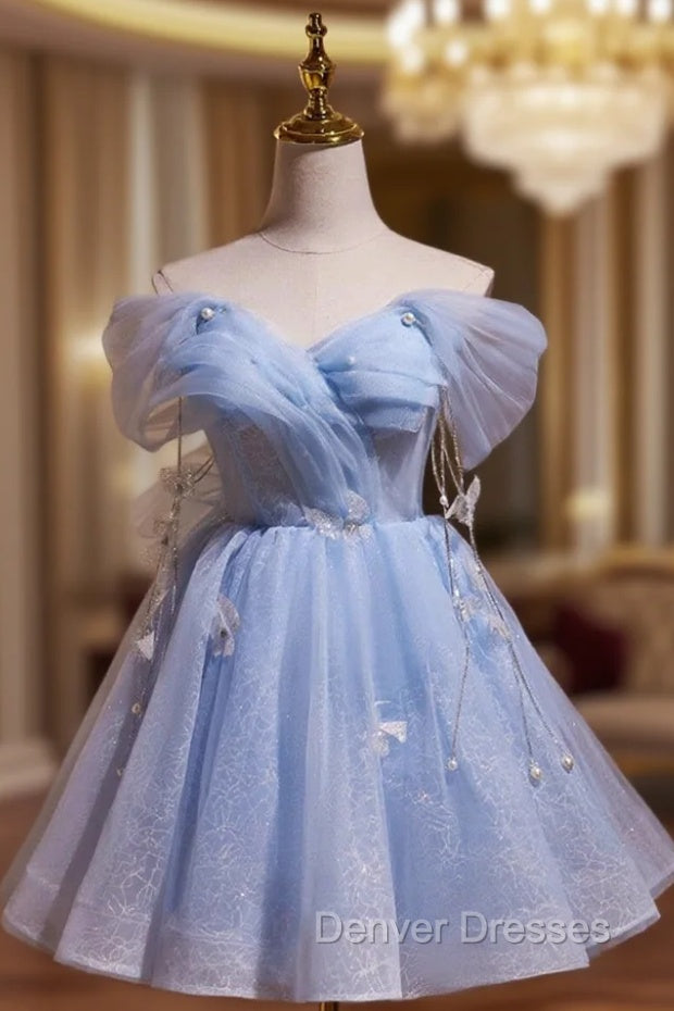 Blue Tulle Short Party Dress, Lovely A-Line Off Shoulder Prom Dress Main image