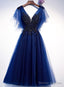 Blue Tulle Short Party Dress With Lace Applique, Blue Formal Dress Prom Dresses