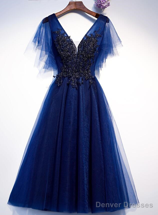Blue Tulle Short Party Dress With Lace Applique, Blue Formal Dress Prom Dresses