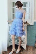 Blue Tulle Short Prom Dress, Cute Round Neck Layered Blue Party Dress
