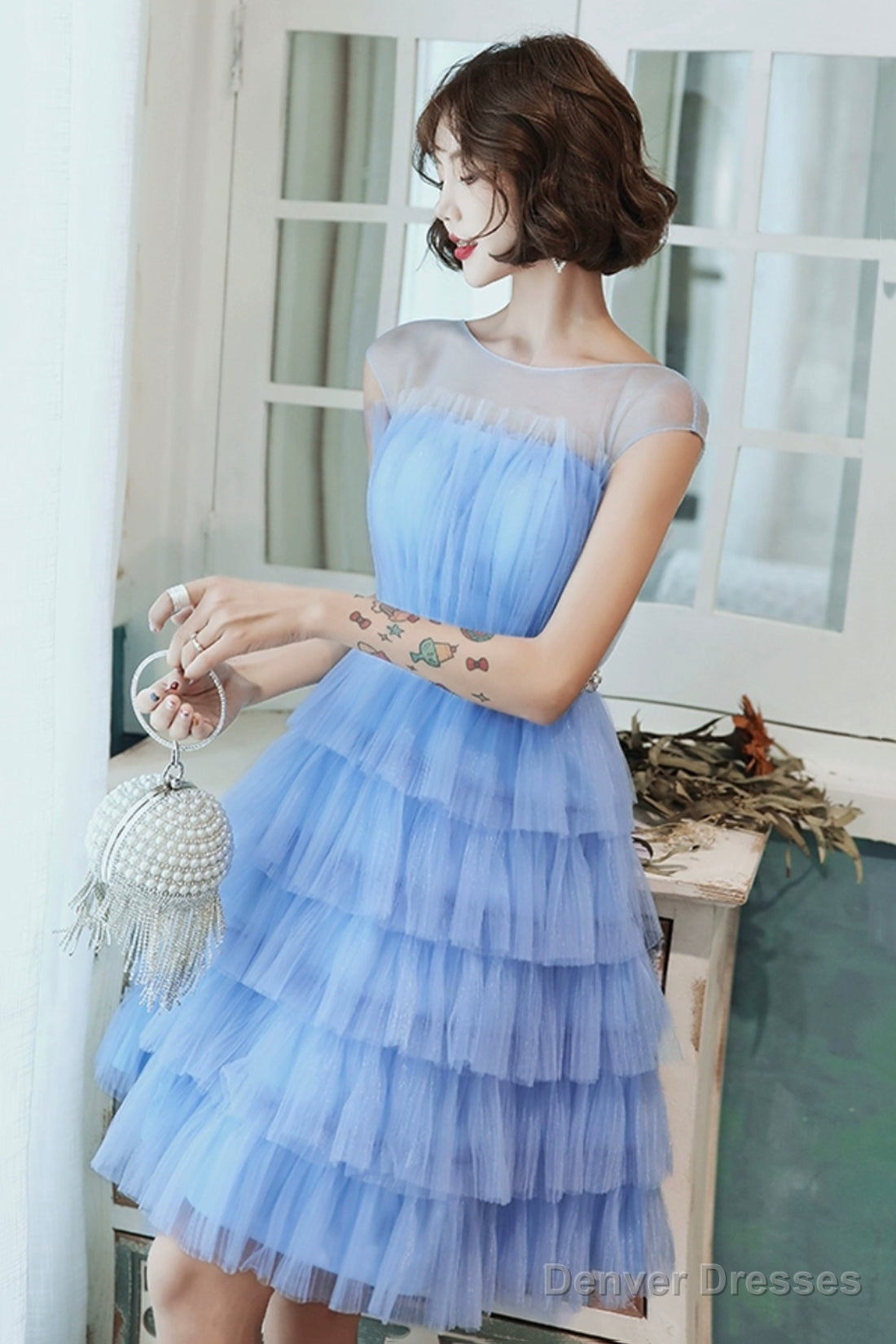 Blue Tulle Short Prom Dress, Cute Round Neck Layered Blue Party Dress Main image