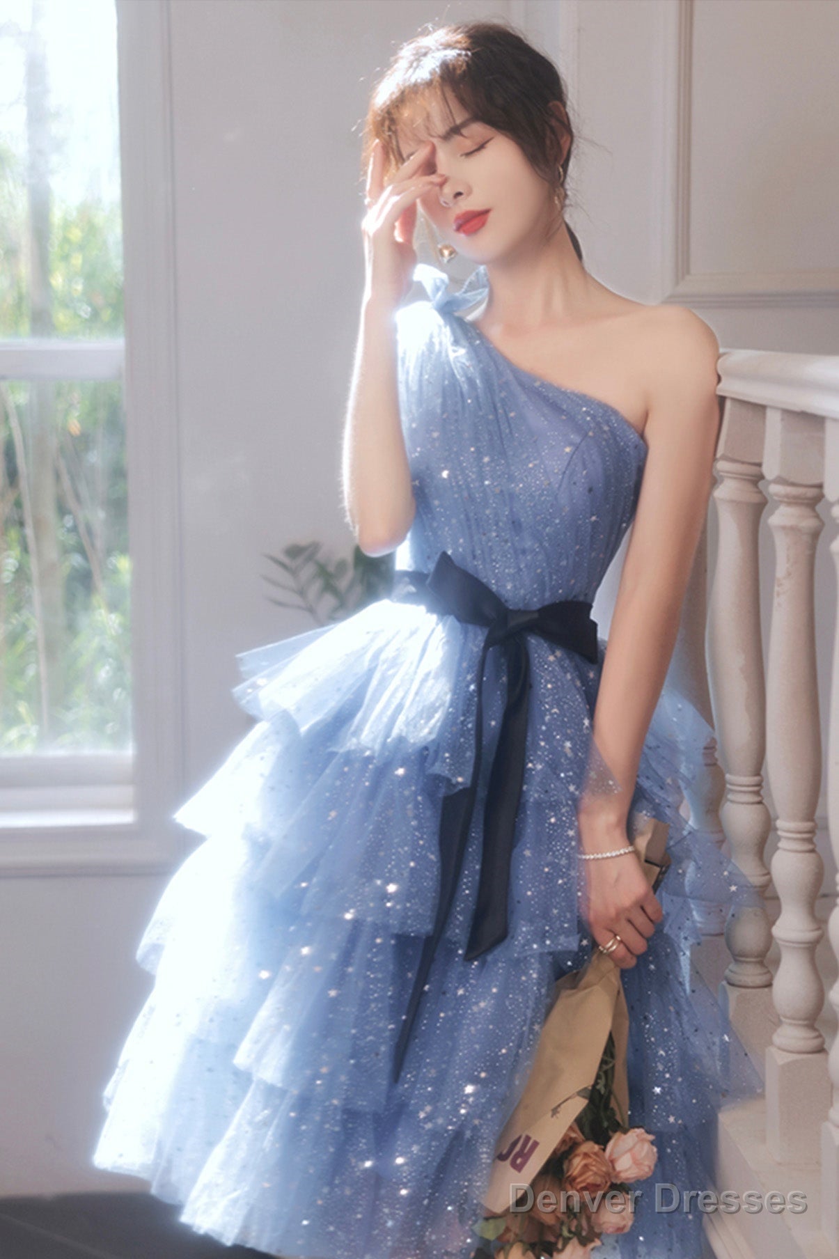 Blue Tulle Short Prom Dresses, One Shoulder Evening Dresses Secondary image