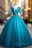 Blue Tulle Short Sleeve Appliques Quinceanera Dress
