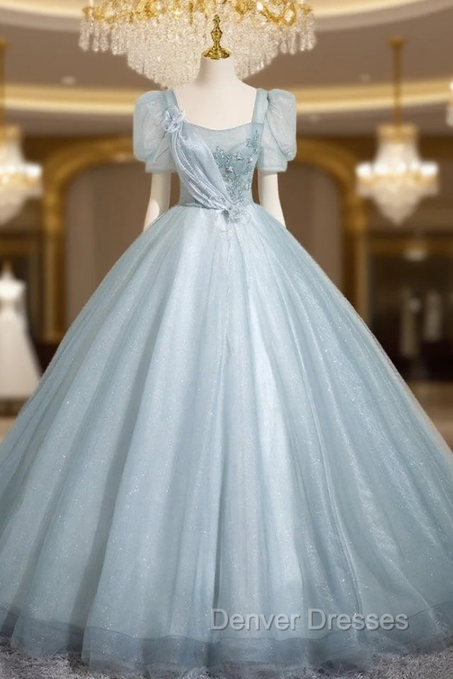 Blue Tulle Short Sleeve Flower Quinceanera Dress Main image