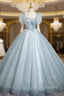 Blue Tulle Short Sleeve Flower Quinceanera Dress