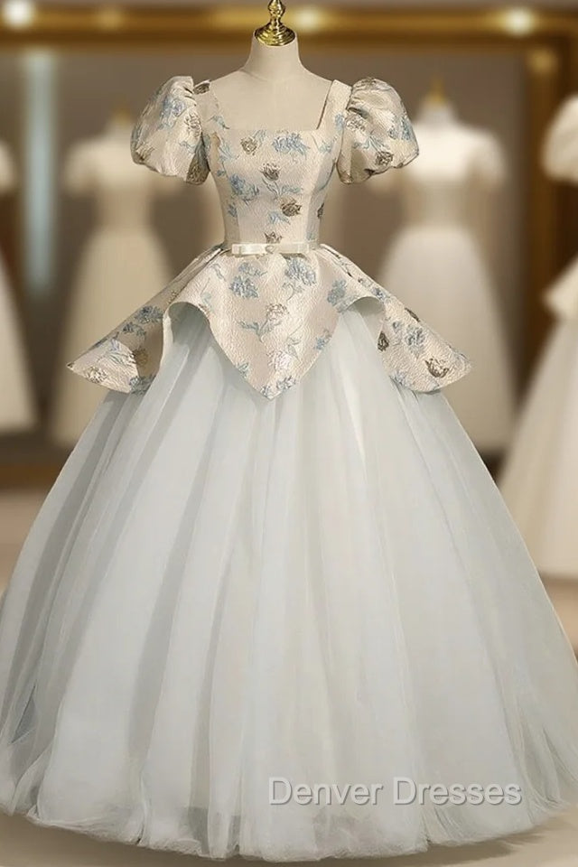 Blue Tulle Short Sleeve Quinceanera Dress