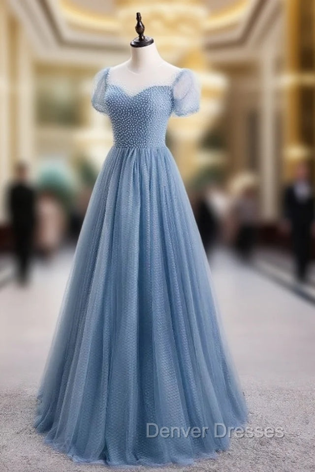 Blue Tulle Short Sleeve Scoop Neck Prom Dress Main image