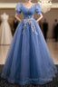 Blue Tulle Short Sleeve Sequins prom Dress