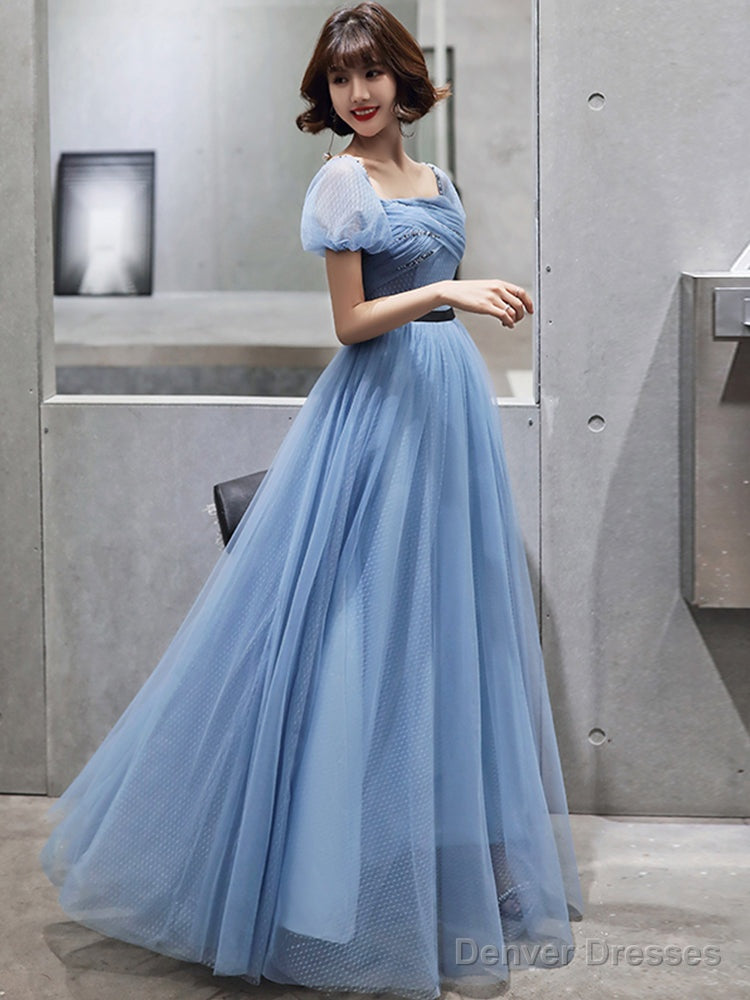 Blue Tulle Short Sleeves Long Party Dress, A-Line Blue Prom Formal Dress Secondary image