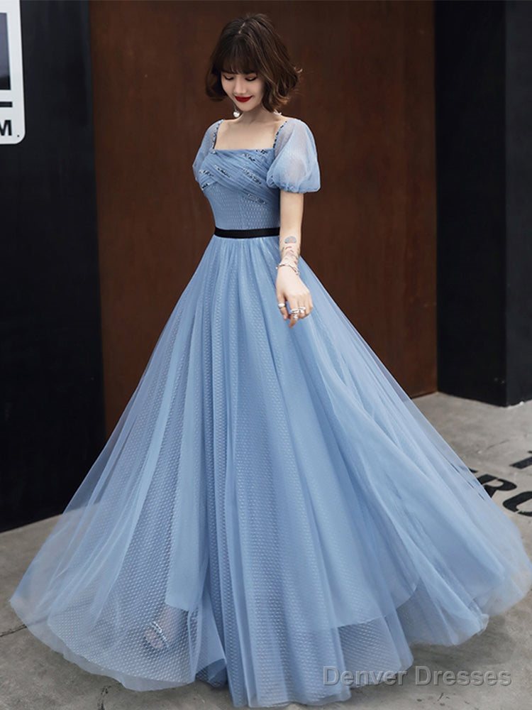 Blue Tulle Short Sleeves Long Party Dress, A-Line Blue Prom Formal Dress Main image