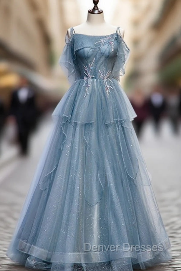 Blue Tulle Spagehtti Straps Beading Prom Dress Main image
