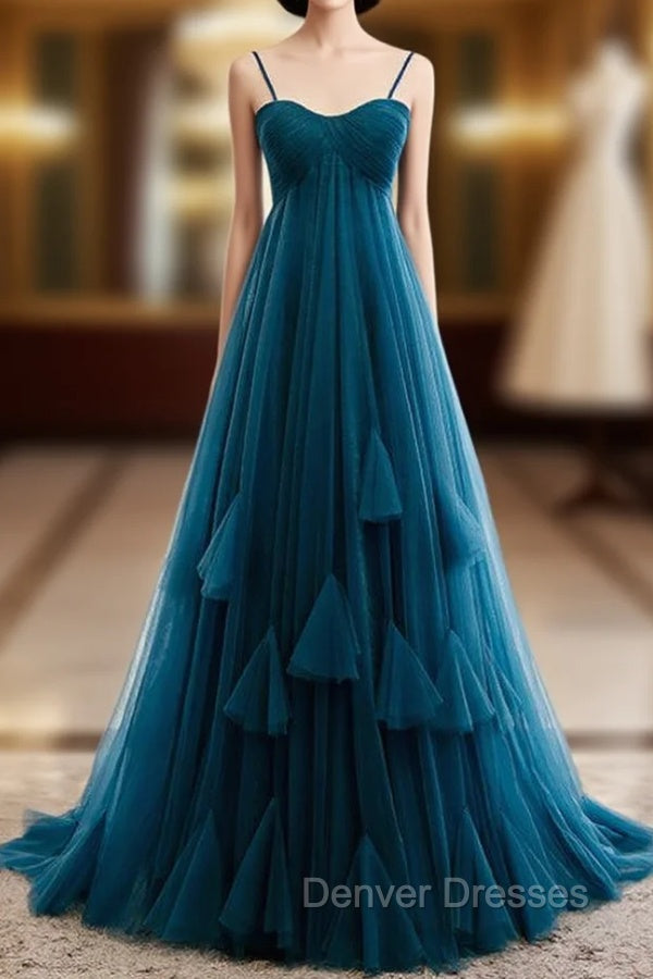 Blue Tulle Spagehtti Straps High Waist Pleats Prom Dress
