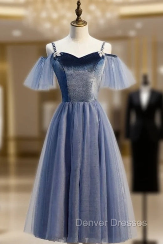 Blue Tulle Spagheti Straps Tea Length Beading Prom Dress